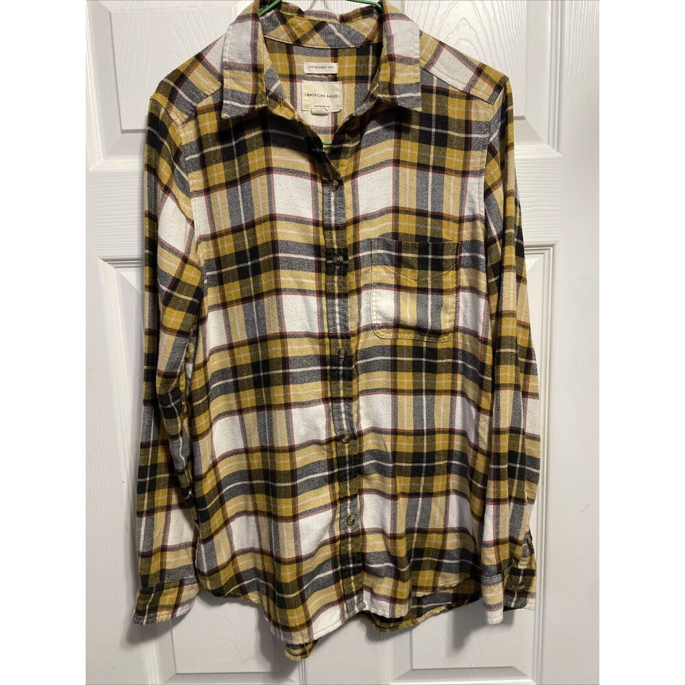 American Eagle Womens S Yellow Plaid Ahh-Mazingly Soft Boyfriend Fit Flannel LS